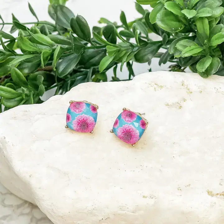 Dahlia Flower Print Crystal Stud Earrings: Navy