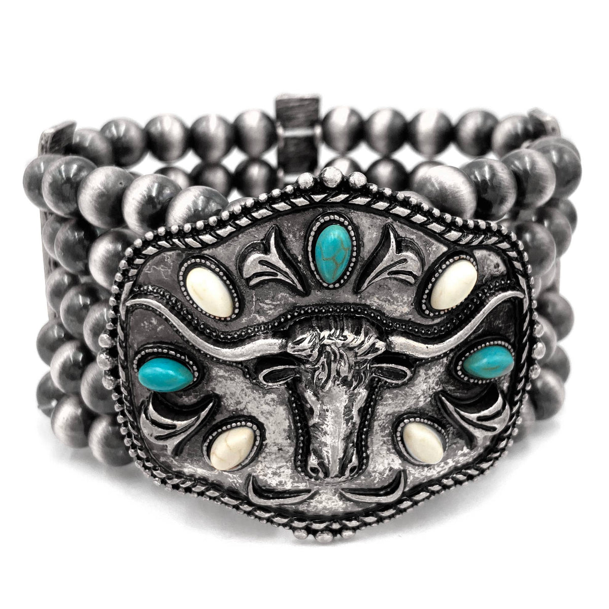 Metal Longhorn Western Trophy Buckle Chunky Beaded Bracelet: Copper