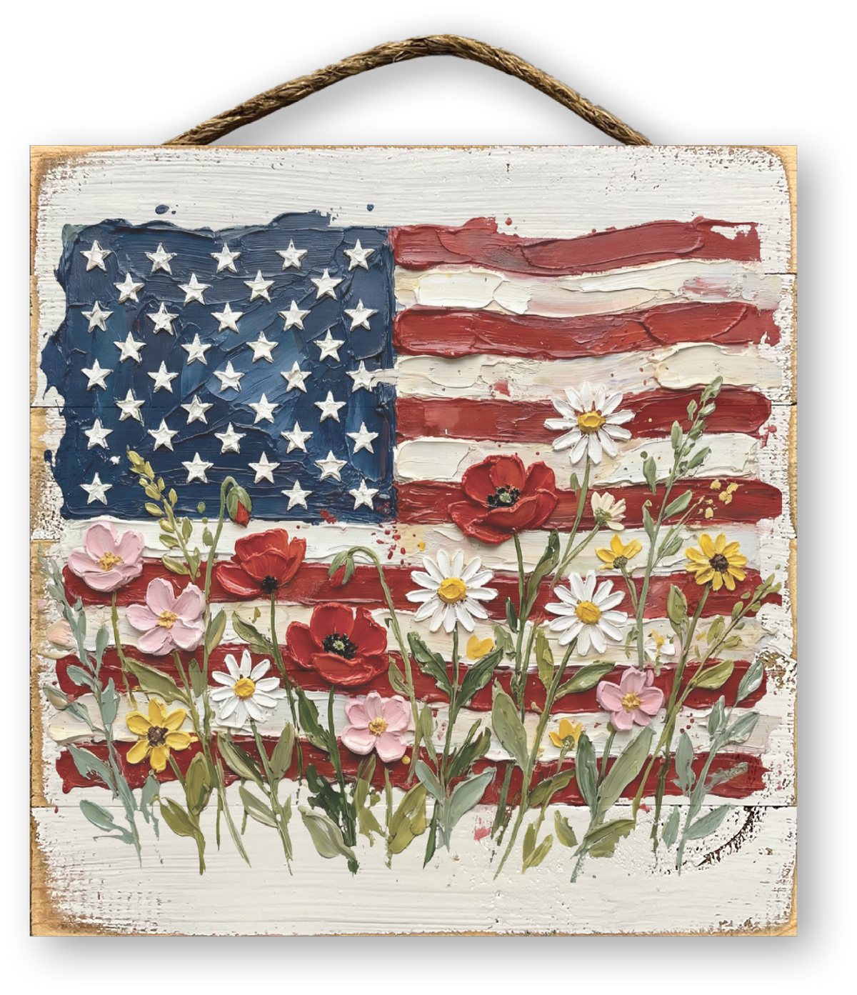 OIL PAINTING PALETTE KNIFE US FLAG AND FLOWERS
