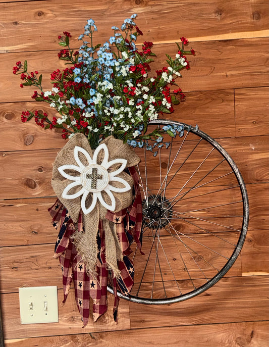 Patriotic Rustic Bicycle Wheel Floral Door Hanger