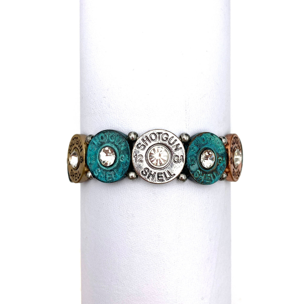 Tri Tone Metal Shotgun Shell Bullet Western Stretch Bracelet: Patina
