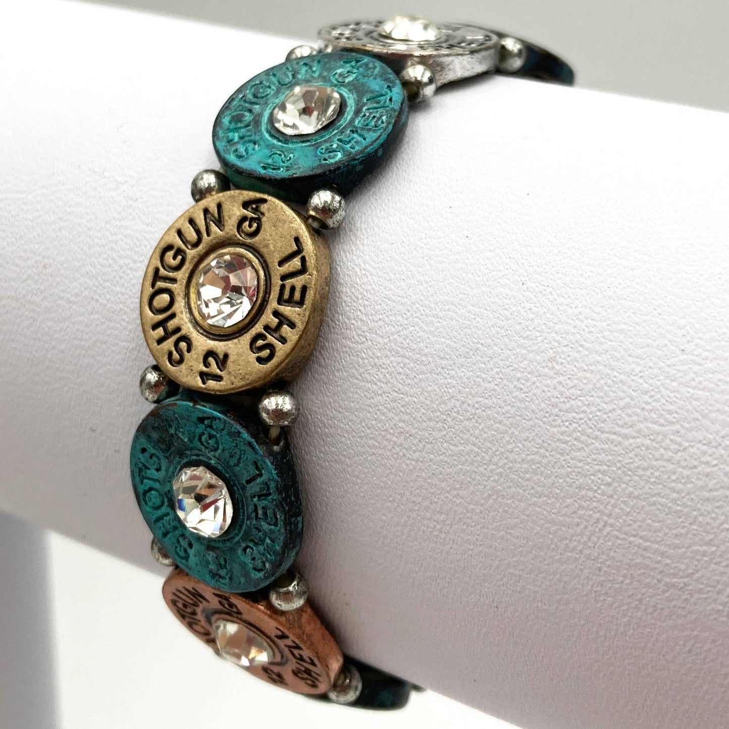 Tri Tone Metal Shotgun Shell Bullet Western Stretch Bracelet: Patina