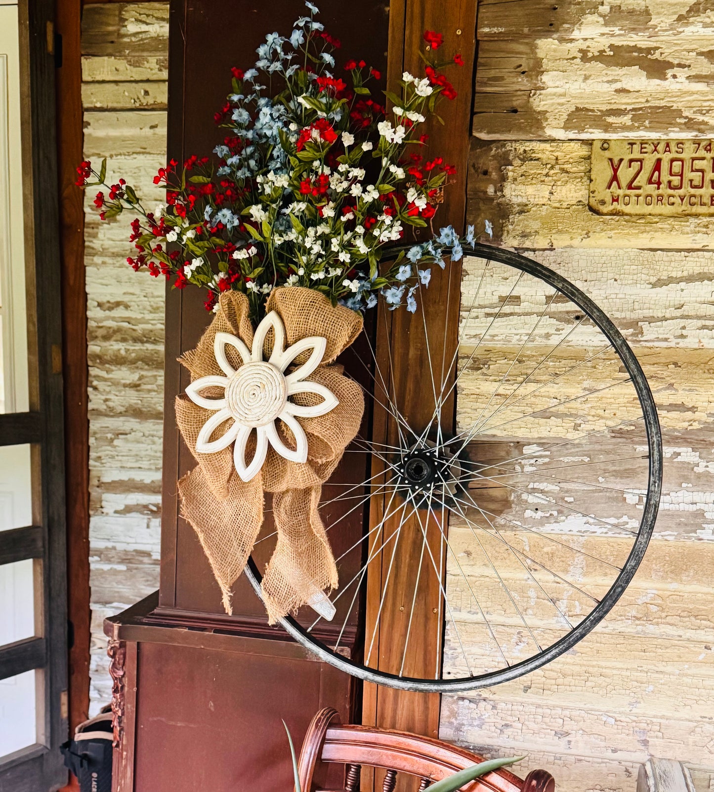 Patriotic Rustic Bicycle Wheel Floral Door Hanger