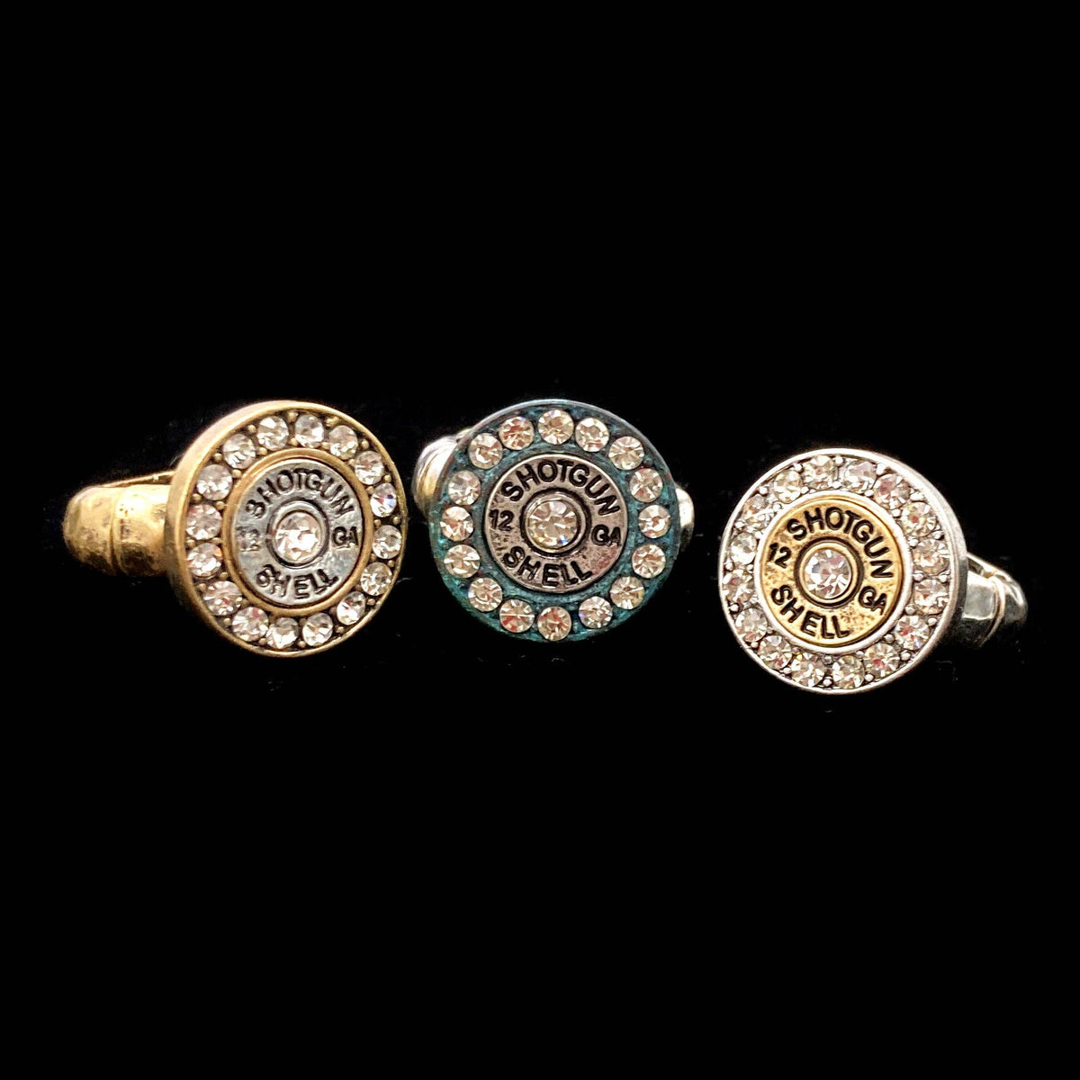 12 GA Shotgun Bullet Shell Rhinestone Stretch Ring: Silver