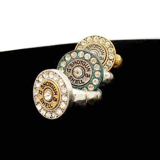 12 GA Shotgun Bullet Shell Rhinestone Stretch Ring: Silver