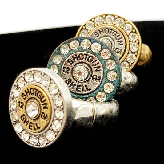 12 GA Shotgun Bullet Shell Rhinestone Stretch Ring: Patina