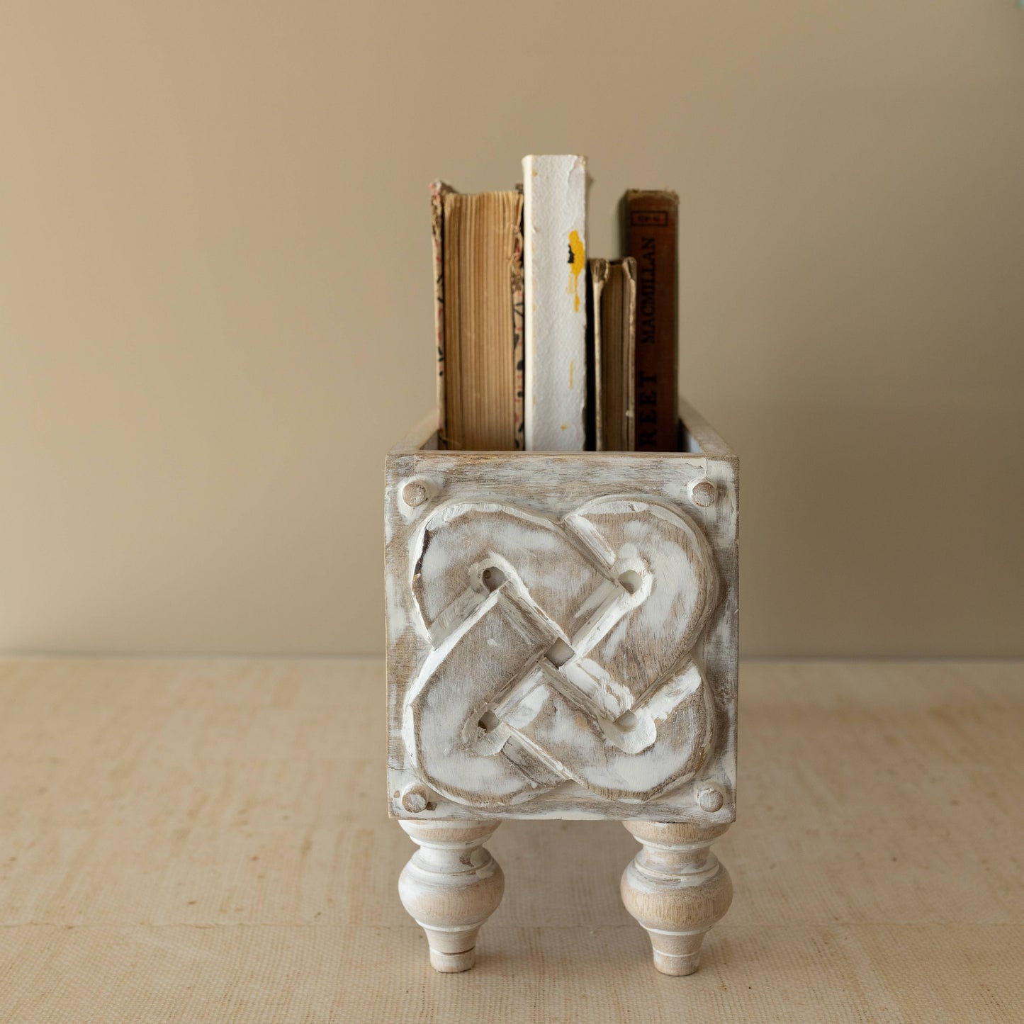 Vennie Whitewashed Carved Wood Bin With Feet