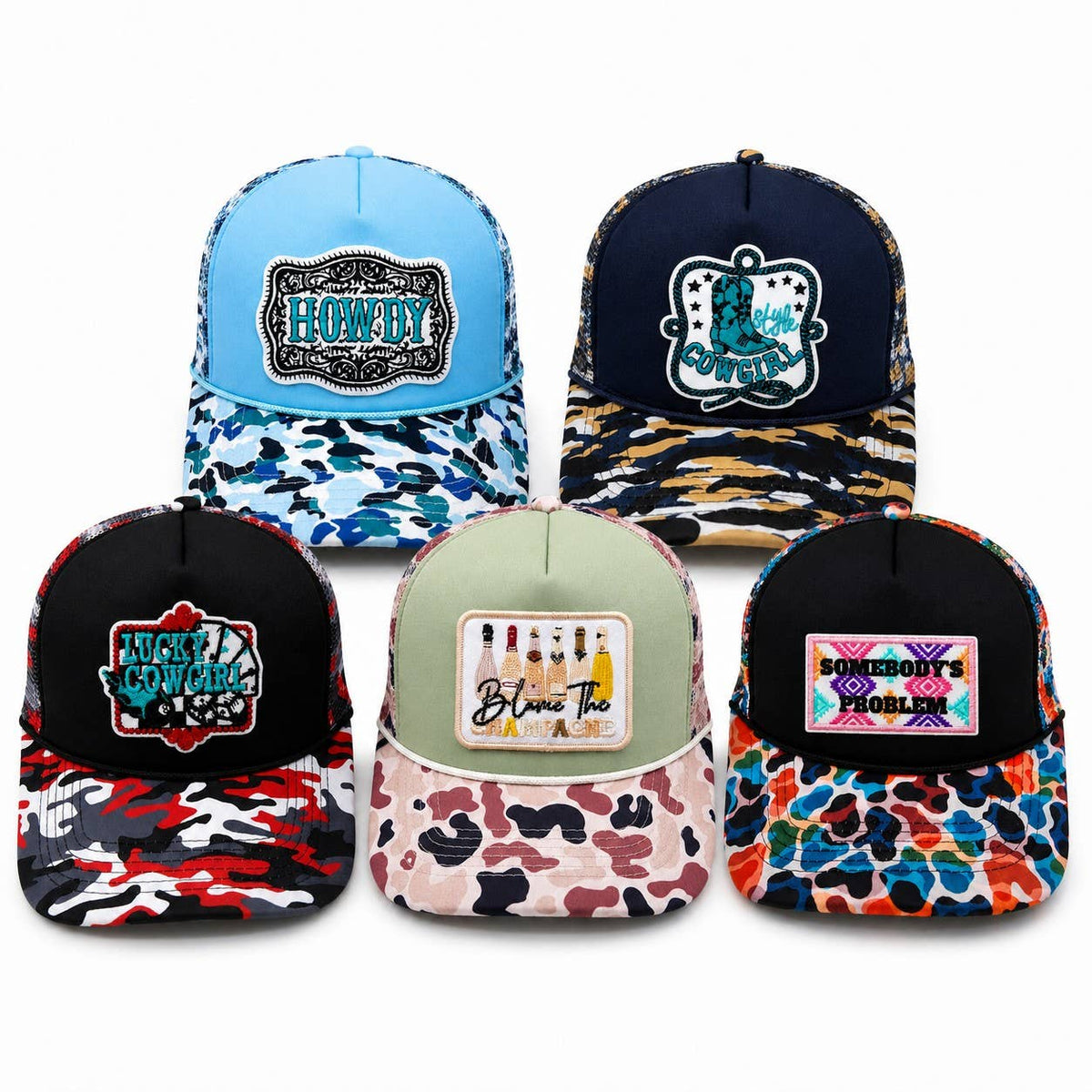 Embroidered Patch Camo Foam Mesh Trucker Hat : Blue