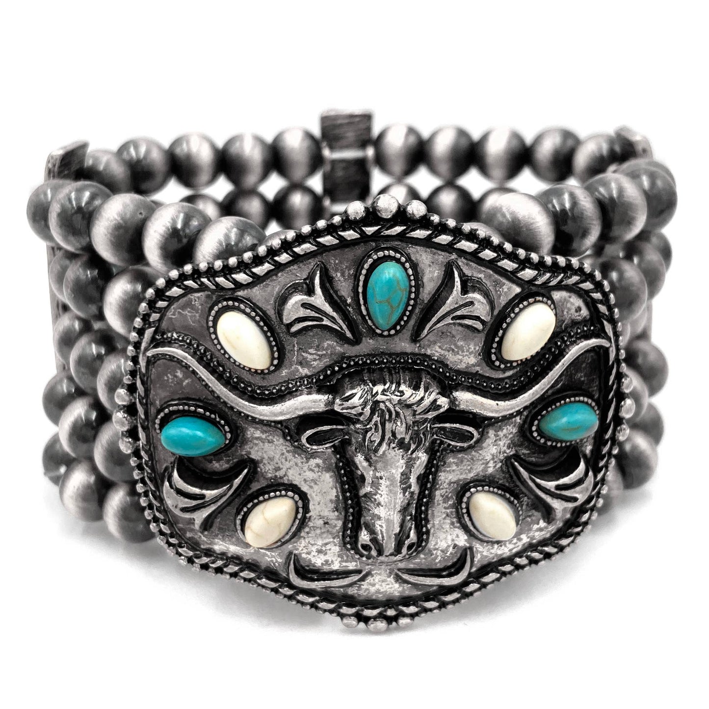 Metal Longhorn Western Trophy Buckle Chunky Beaded Bracelet: Copper