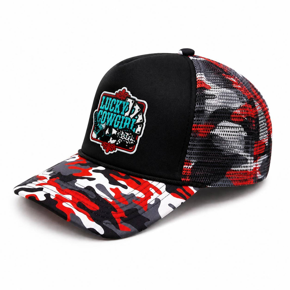 Embroidered Patch Camo Foam Mesh Trucker Hat : Blue