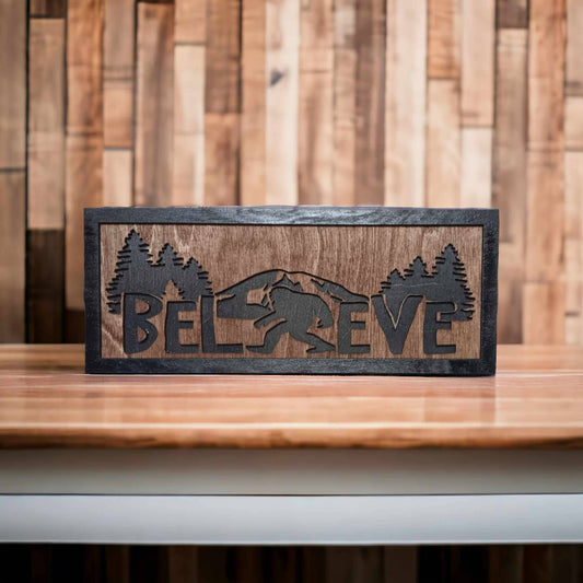 Bigfoot Believe Sign- Layered Wood Sasquatch Decor- USA