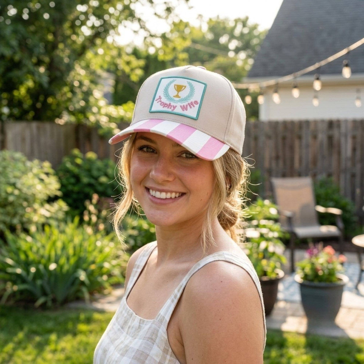 Trophy Wife Embroidered Patch Cotton Trucker Hat: Pink