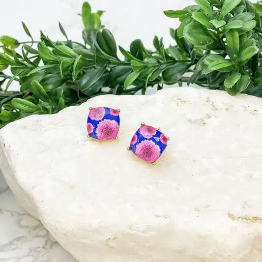 Dahlia Flower Print Crystal Stud Earrings: Navy