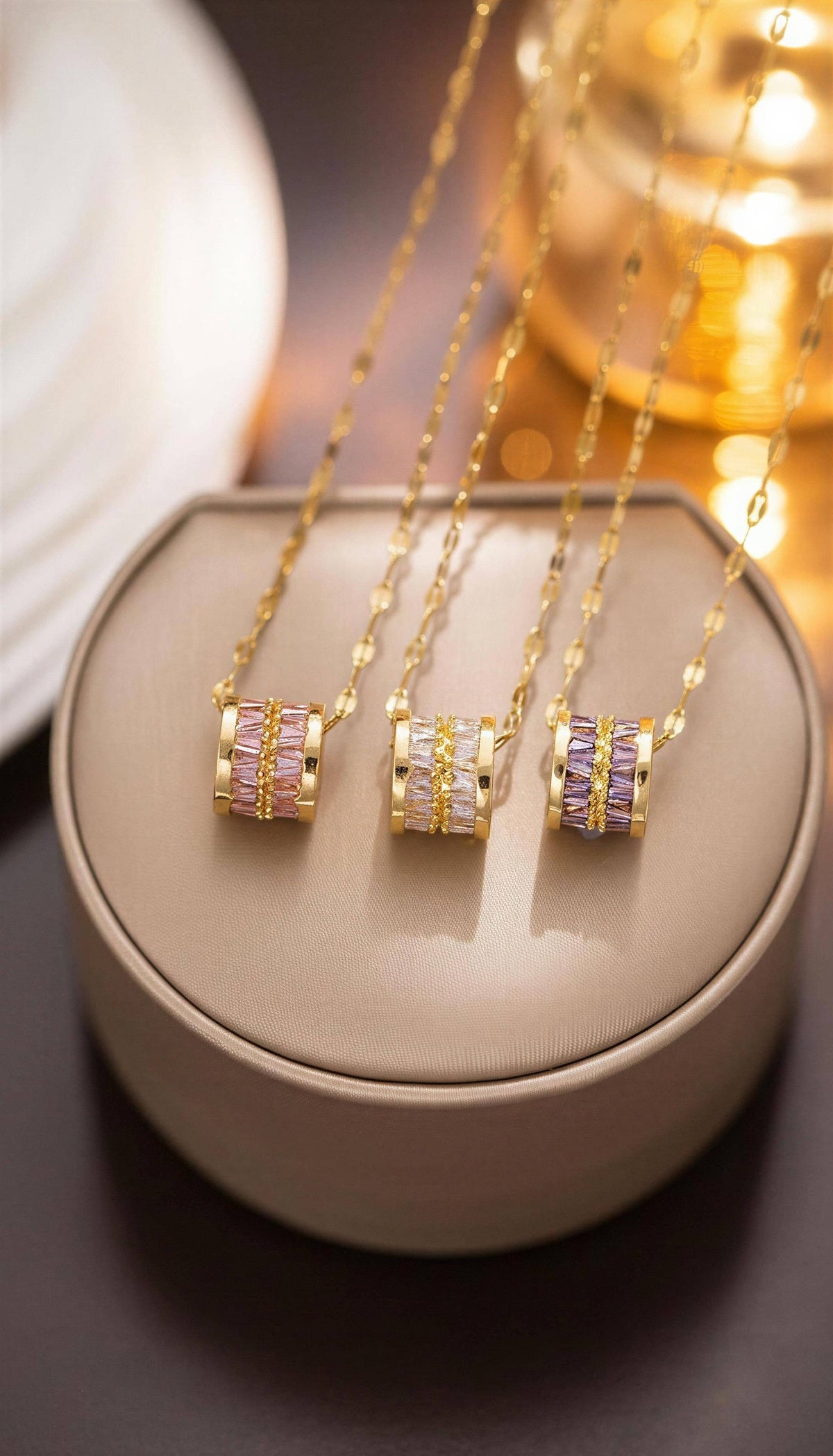 Aurora Barrel Pendant Necklace – Tarnish Resistant Stainless: Purple