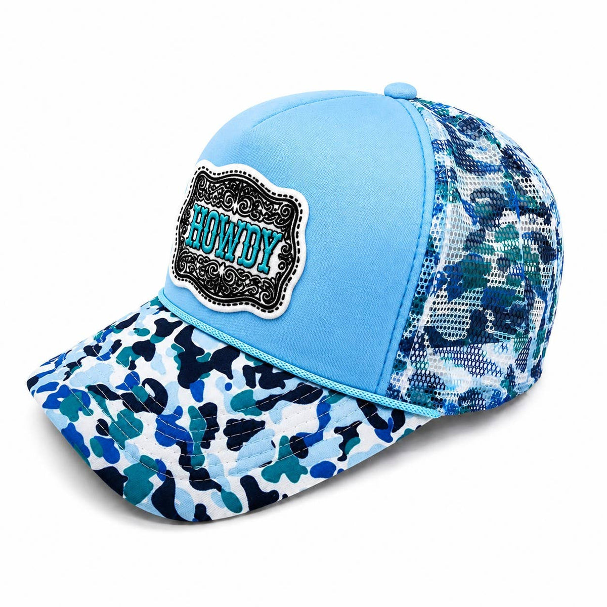 Embroidered Patch Camo Foam Mesh Trucker Hat : Blue