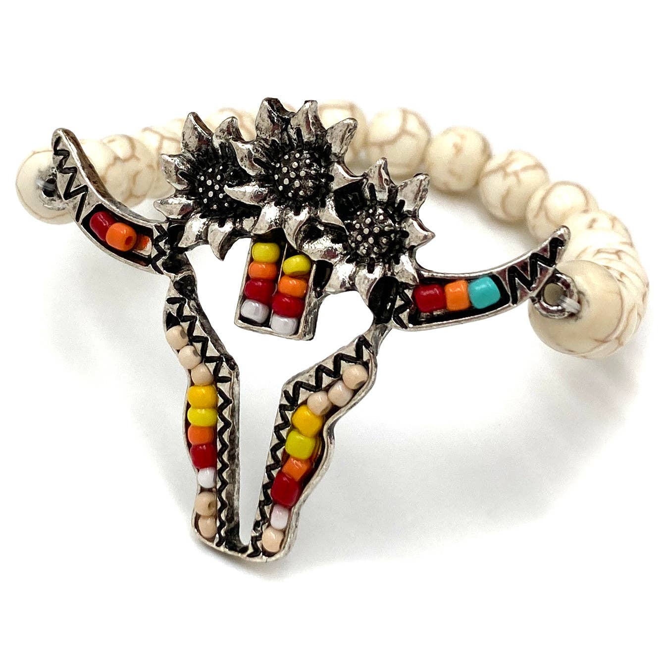 Longhorn Seed Bead Flower Southwestern Bohemian Stretch Bracelet: Beige