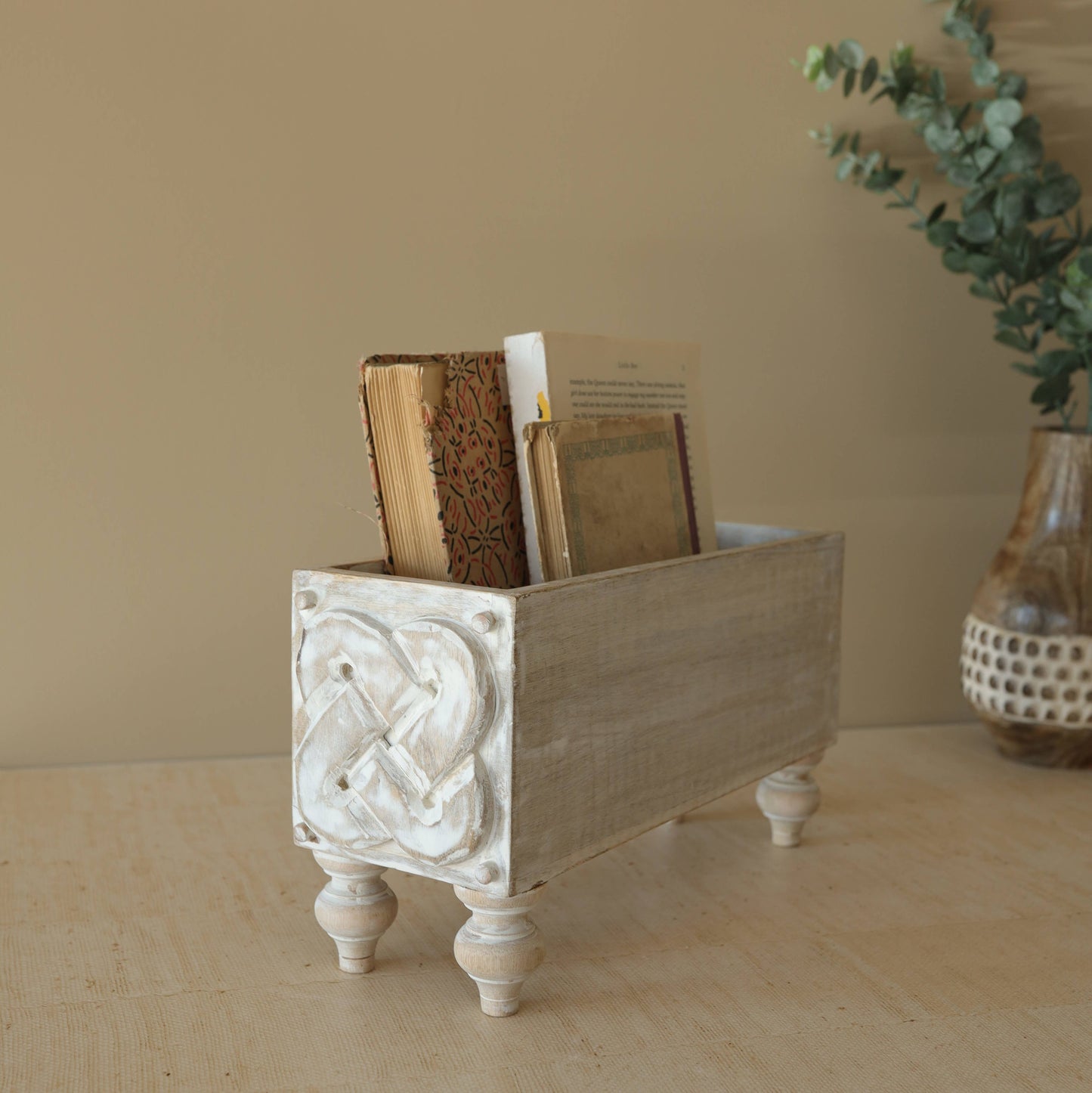 Vennie Whitewashed Carved Wood Bin With Feet