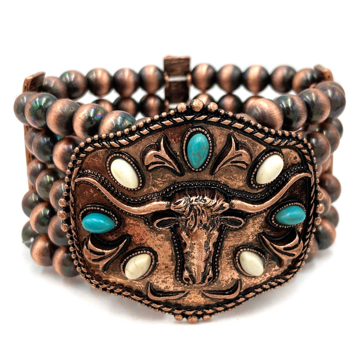 Metal Longhorn Western Trophy Buckle Chunky Beaded Bracelet: Copper