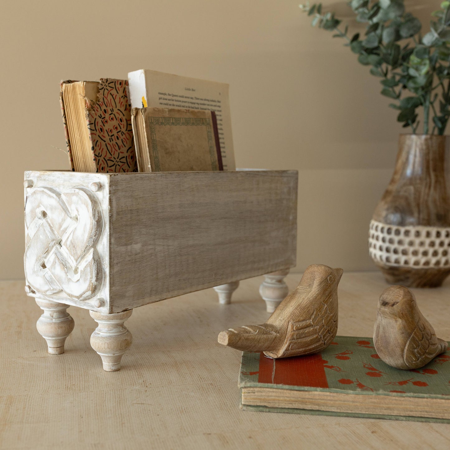 Vennie Whitewashed Carved Wood Bin With Feet