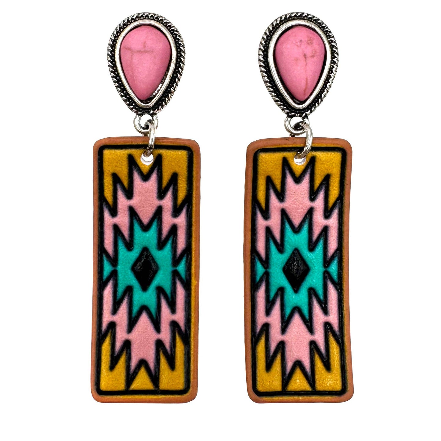 Tooled Leather Western Banner Native Aztec Earrings: Turquoise