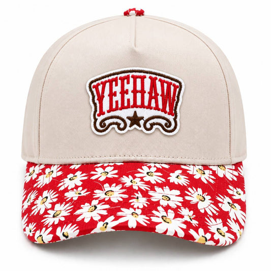 Embroidered Patch Daisy Pattern Brim Cotton Trucker Hat: Red