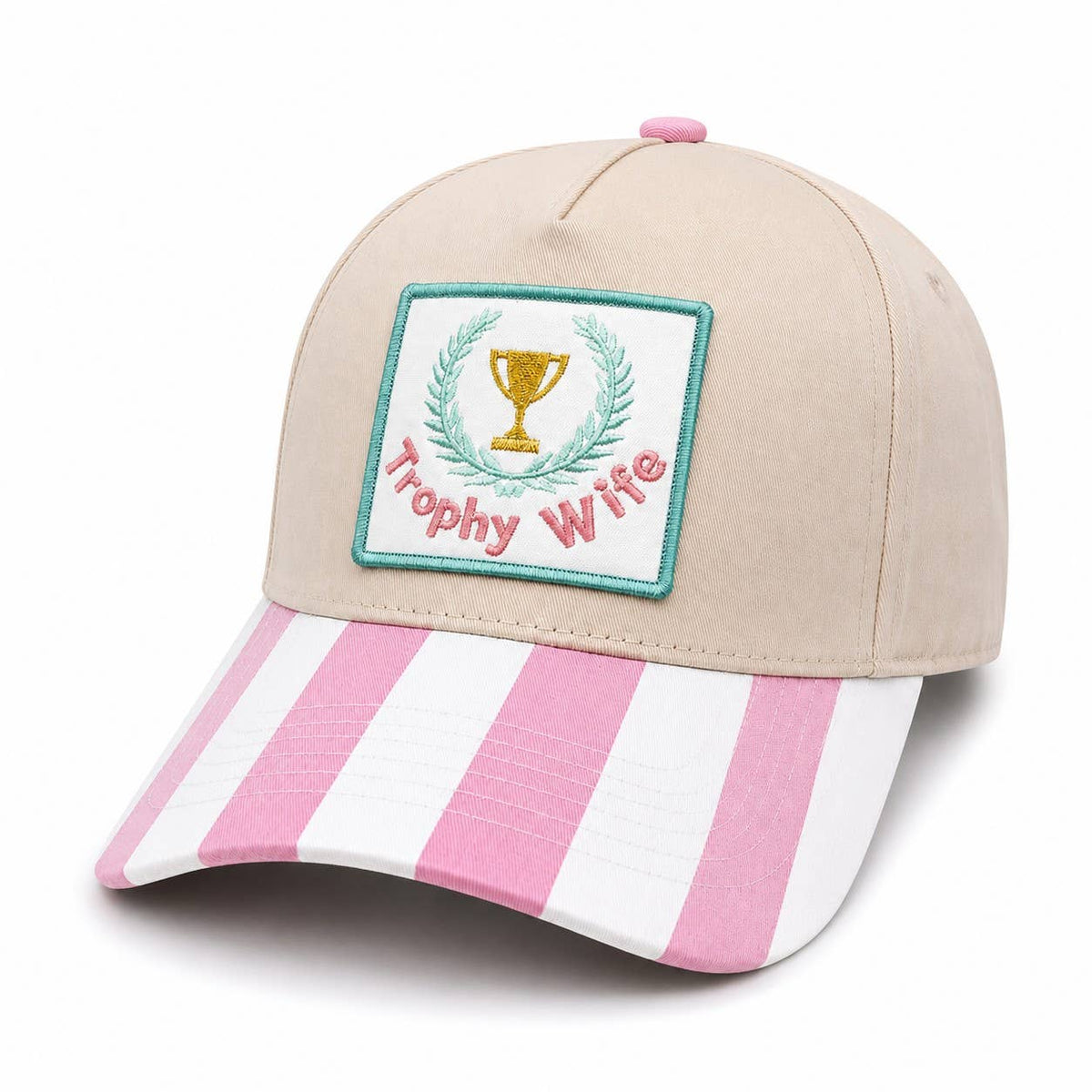 Trophy Wife Embroidered Patch Cotton Trucker Hat: Pink