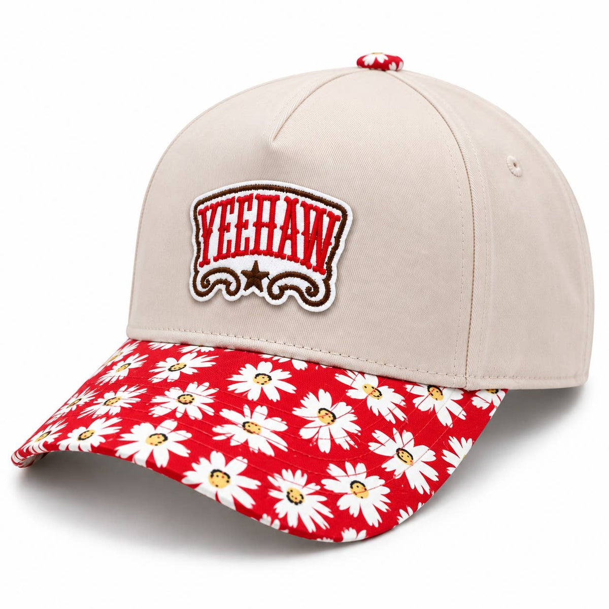 Embroidered Patch Daisy Pattern Brim Cotton Trucker Hat: Red