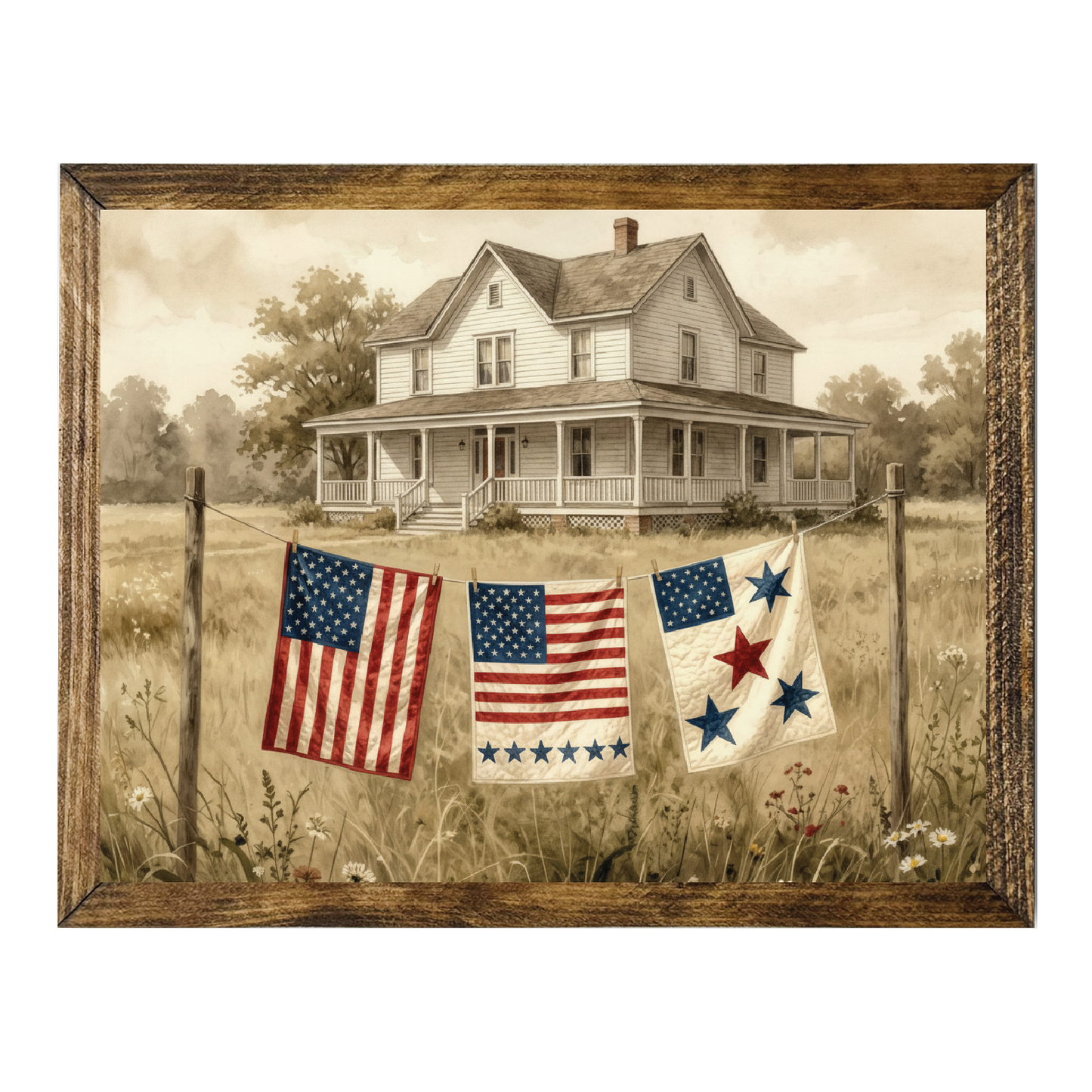TIMBERLAND FRAME FARMHOUSE WITH RED WHITE BLUE YARD FLAGS