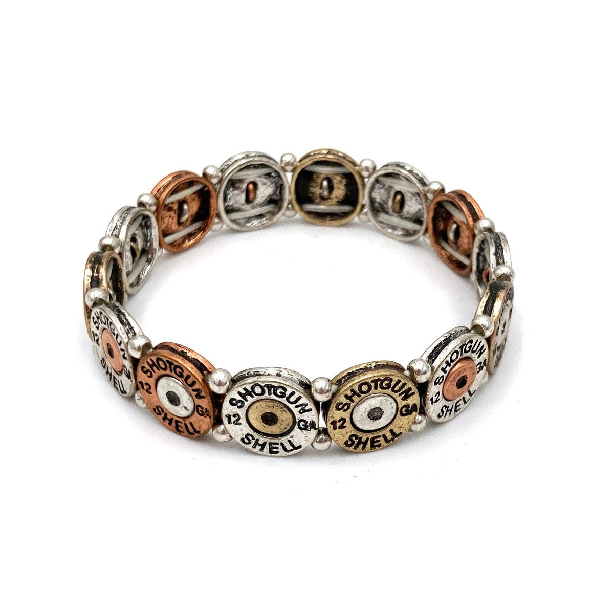 Tri Tone Metal Shotgun Shell Bullet Western Stretch Bracelet: Patina