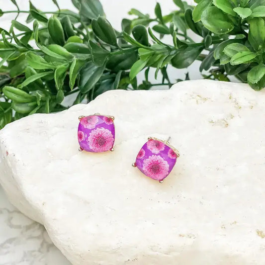 Dahlia Flower Print Crystal Stud Earrings: Navy