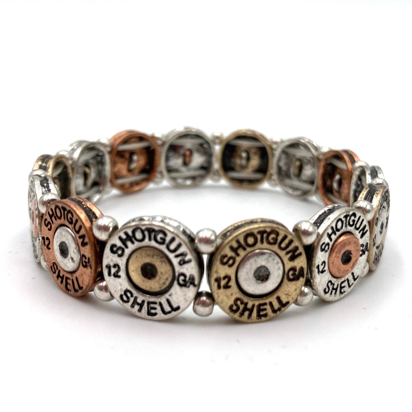 Tri Tone Metal Shotgun Shell Bullet Western Stretch Bracelet: Patina