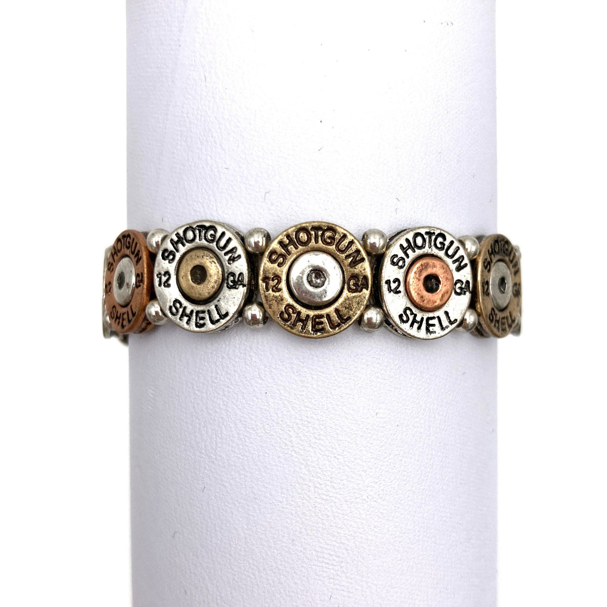Tri Tone Metal Shotgun Shell Bullet Western Stretch Bracelet: Patina