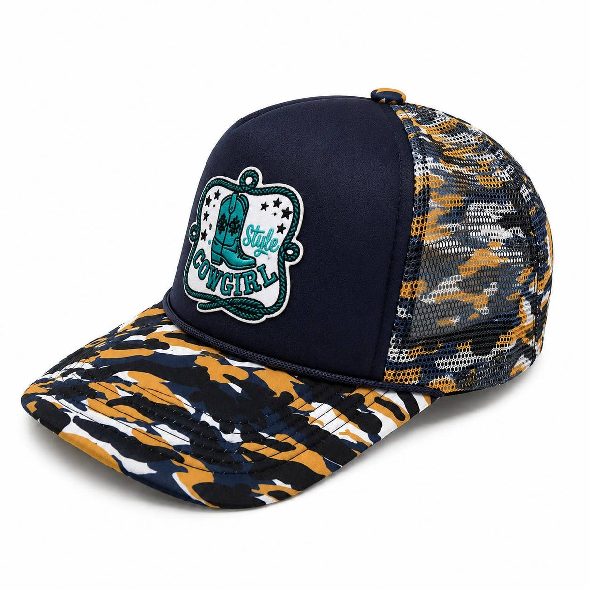 Embroidered Patch Camo Foam Mesh Trucker Hat : Blue