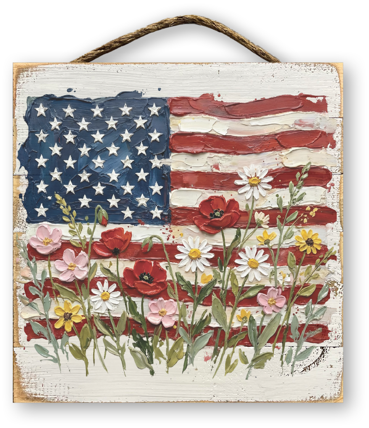 OIL PAINTING PALETTE KNIFE US FLAG AND FLOWERS