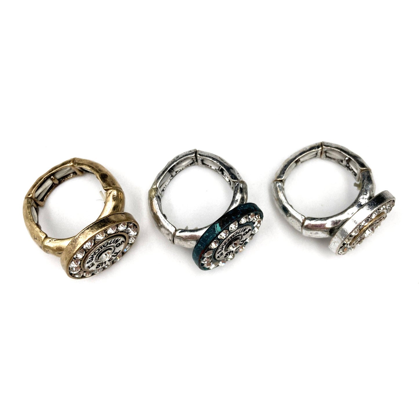 12 GA Shotgun Bullet Shell Rhinestone Stretch Ring: Silver