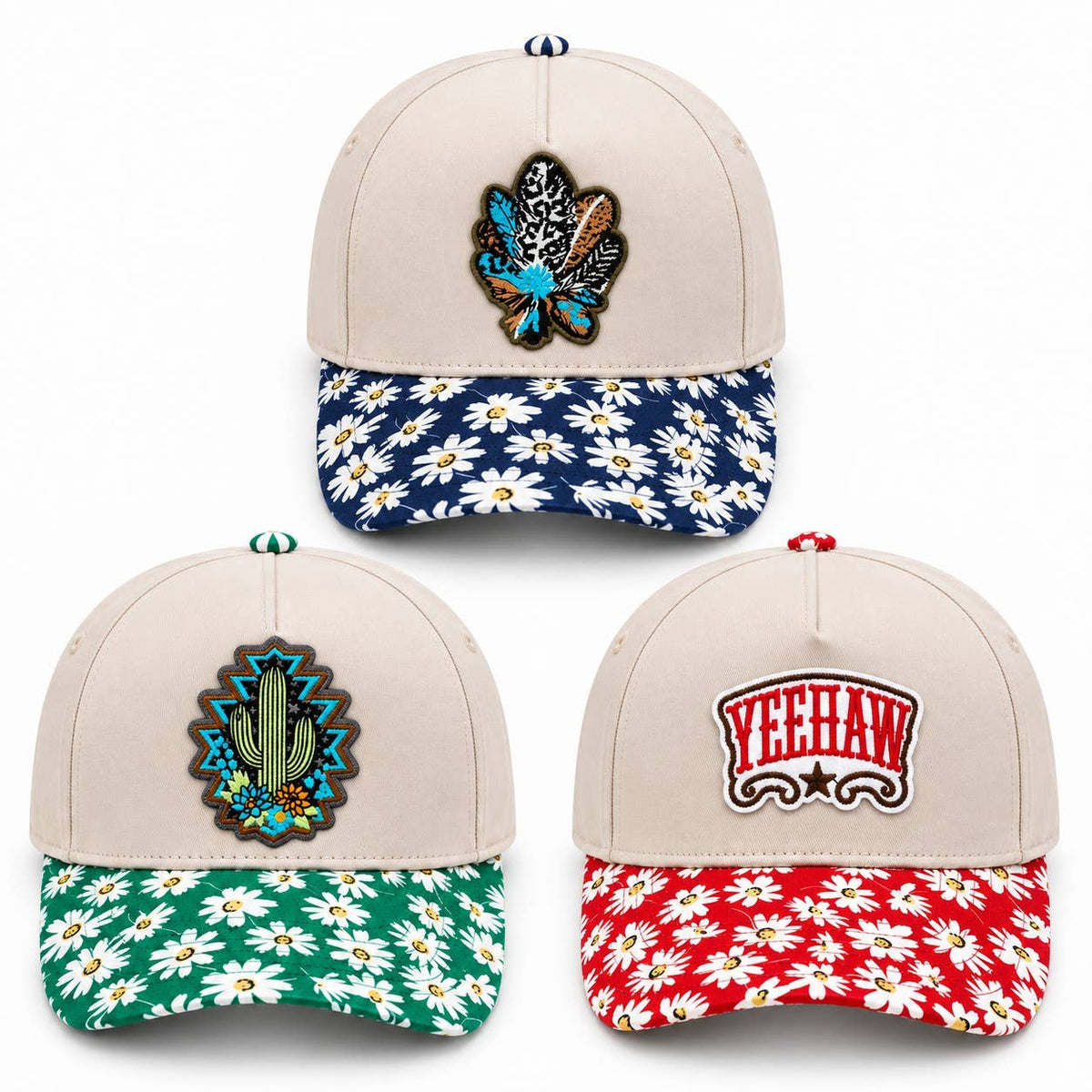 Embroidered Patch Daisy Pattern Brim Cotton Trucker Hat: Red