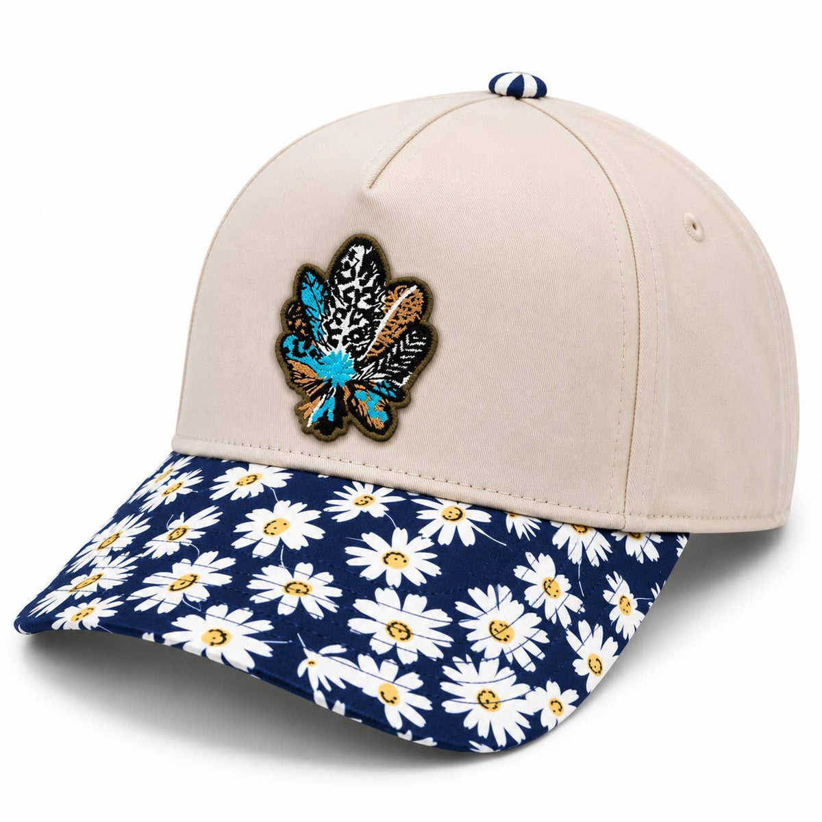 Embroidered Patch Daisy Pattern Brim Cotton Trucker Hat: Red