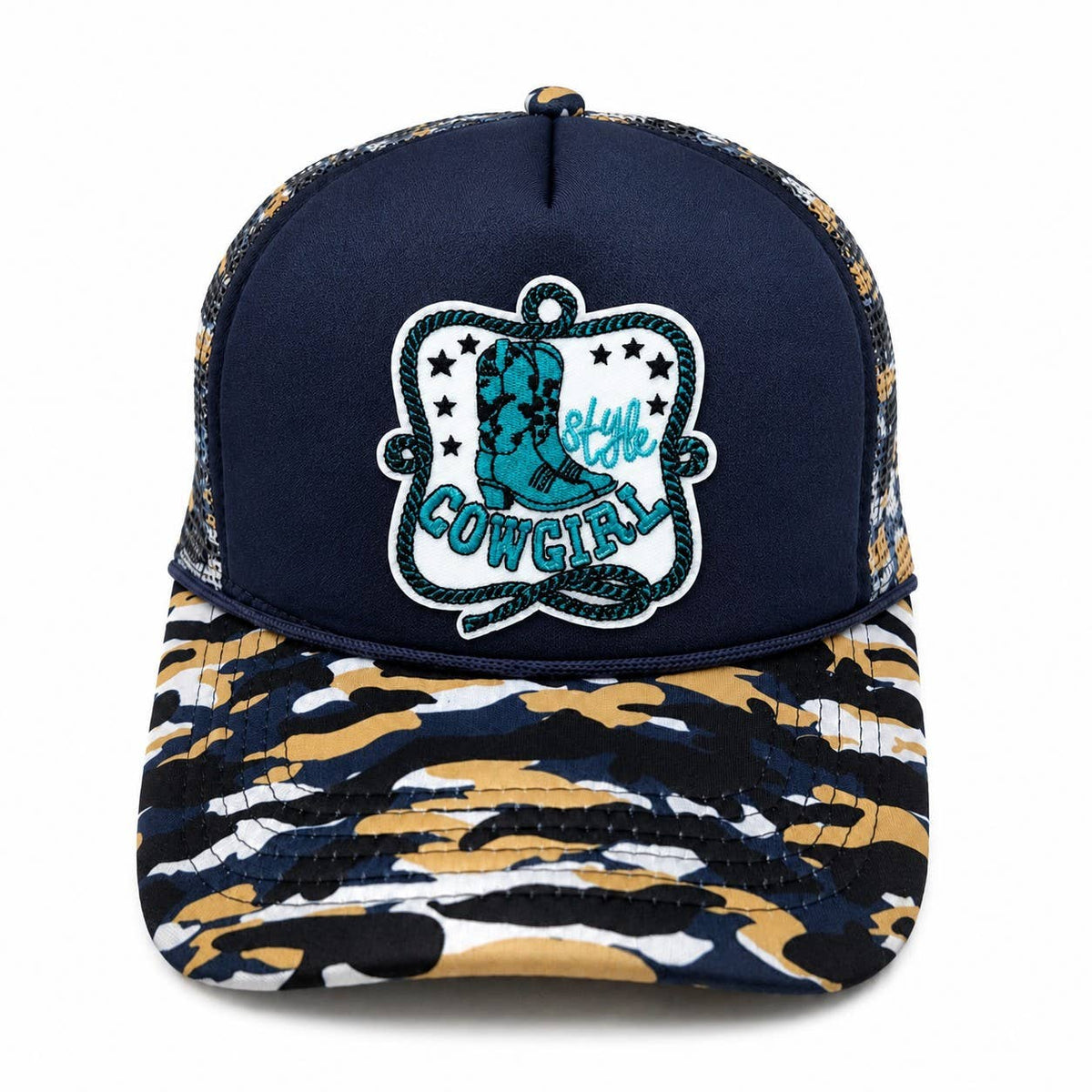 Embroidered Patch Camo Foam Mesh Trucker Hat : Blue