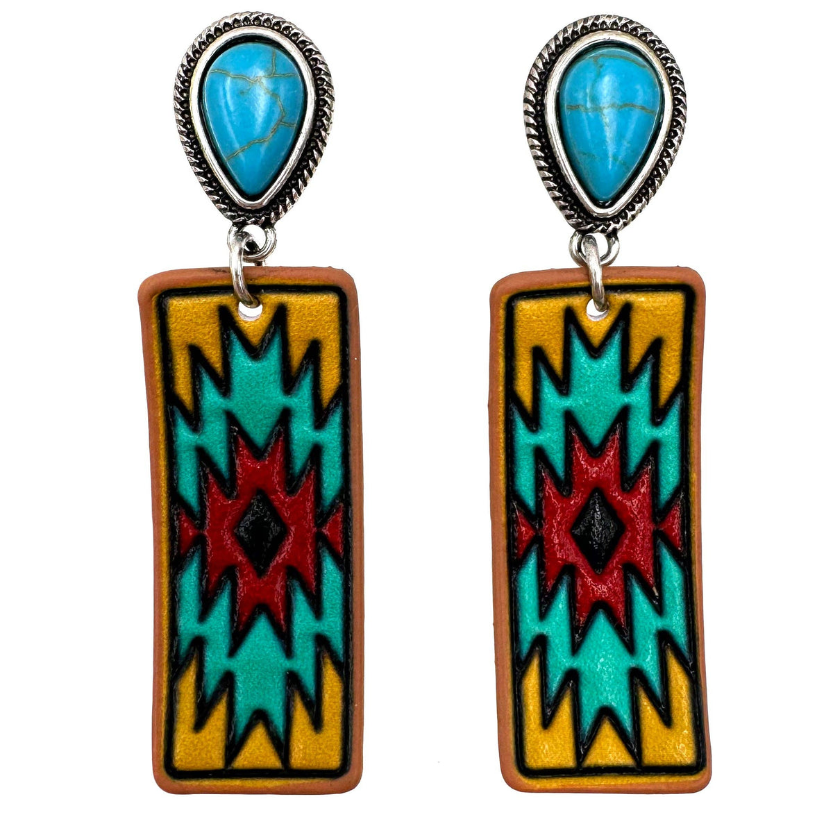 Tooled Leather Western Banner Native Aztec Earrings: Turquoise