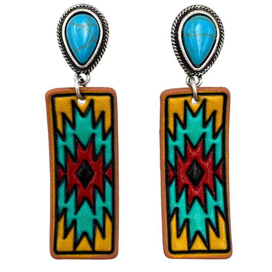 Tooled Leather Western Banner Native Aztec Earrings: Turquoise