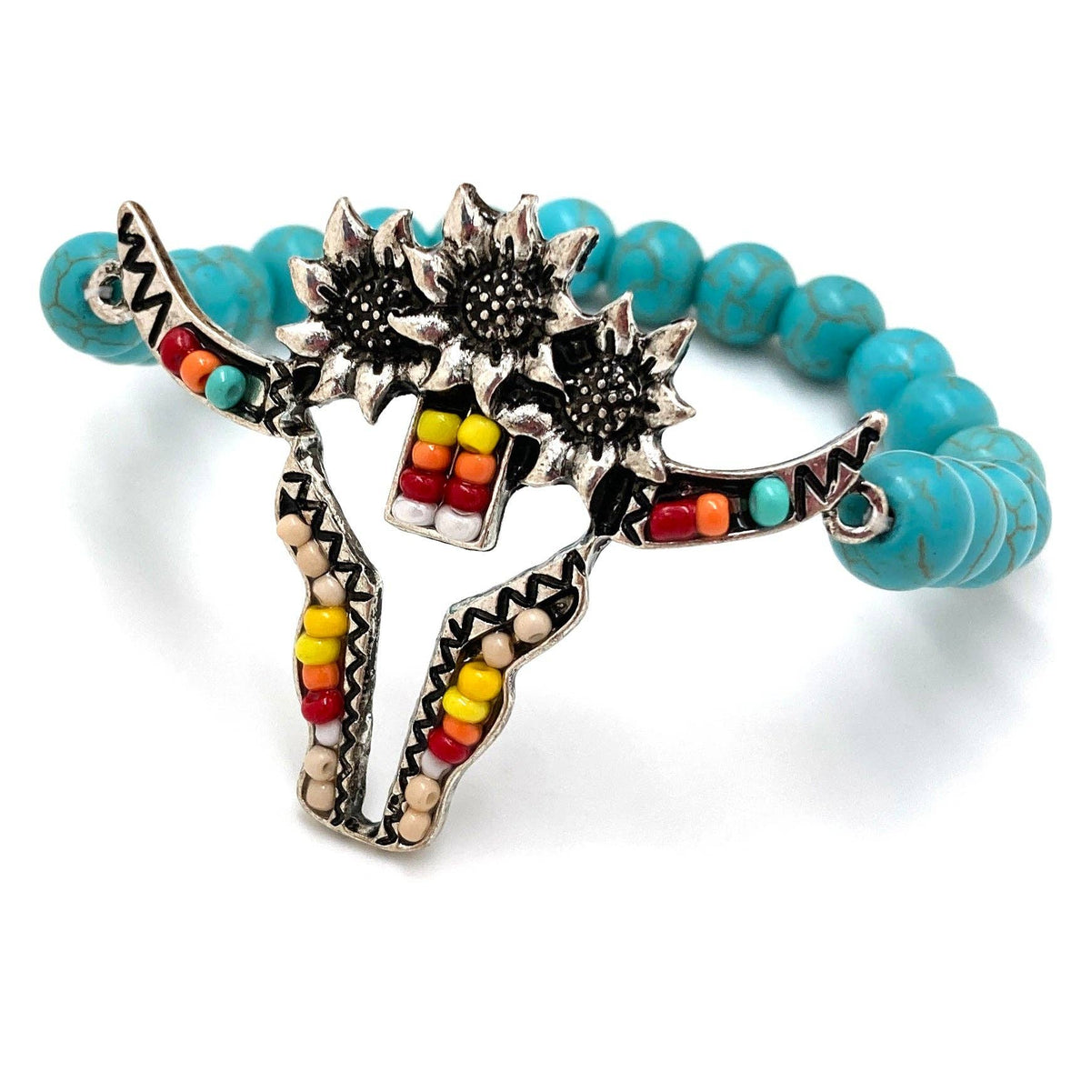 Longhorn Seed Bead Flower Southwestern Bohemian Stretch Bracelet: Beige